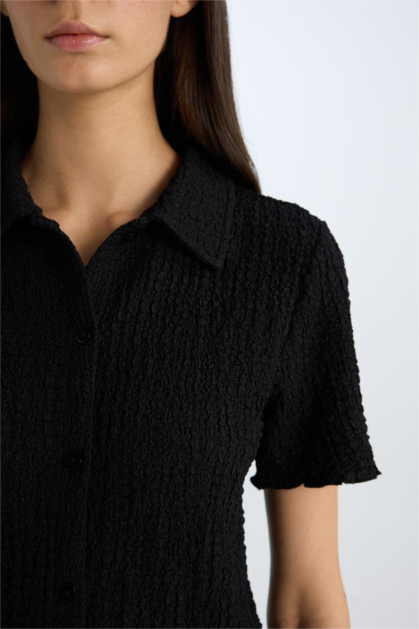 Женщины Черный Slim Fit Приталенный Поло Воротник Футболка Короткий Рукав