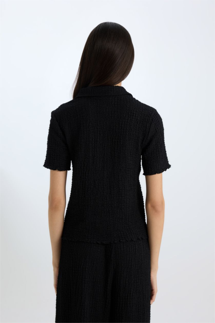 Женщины Черный Slim Fit Приталенный Поло Воротник Футболка Короткий Рукав