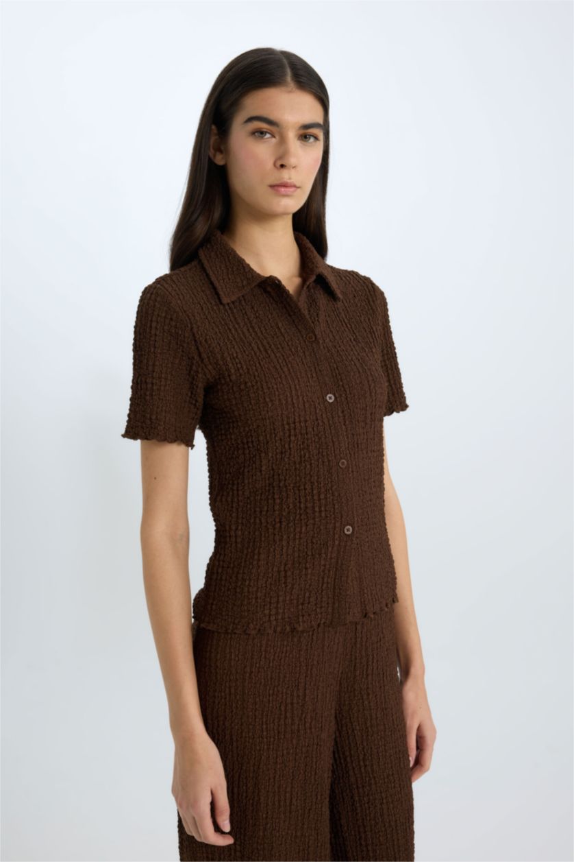 نساء بني تيشيرت بولو نص ردن منسوج سليم فيت