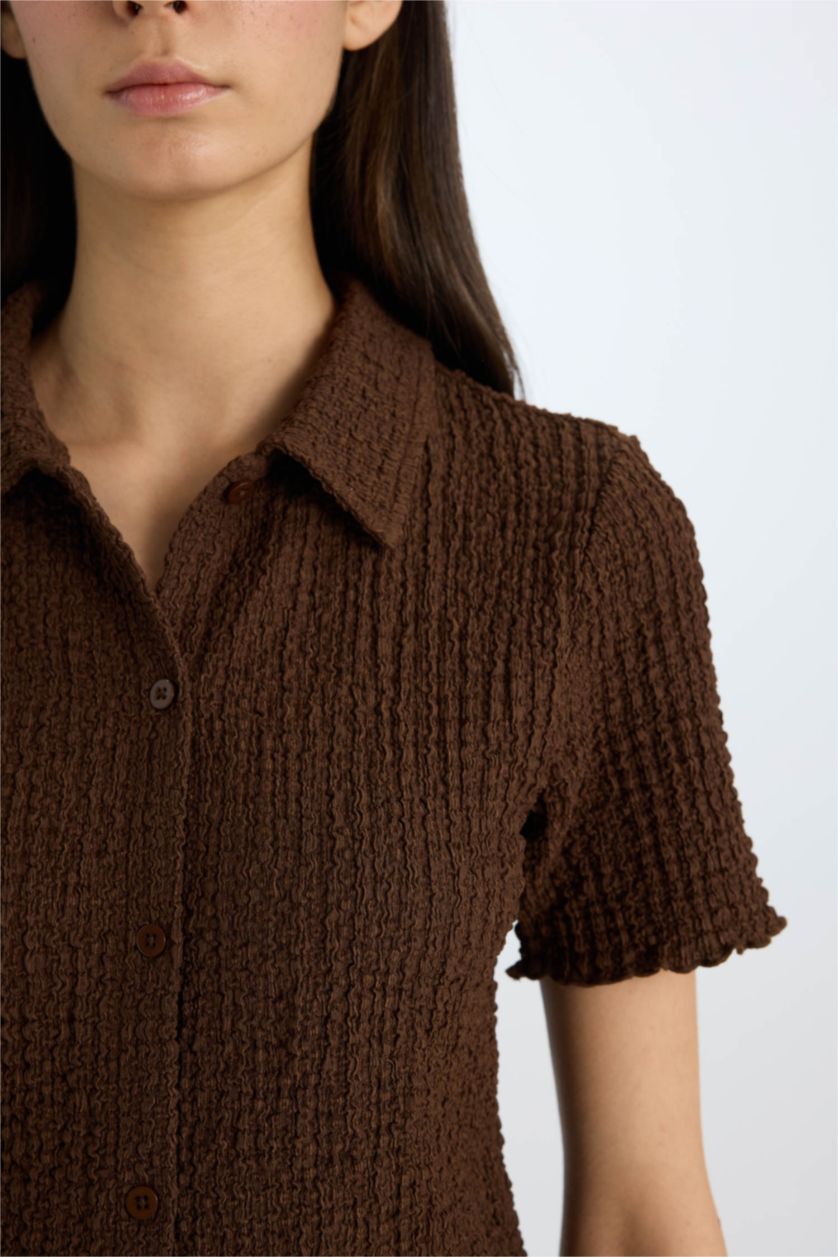 نساء بني تيشيرت بولو نص ردن منسوج سليم فيت