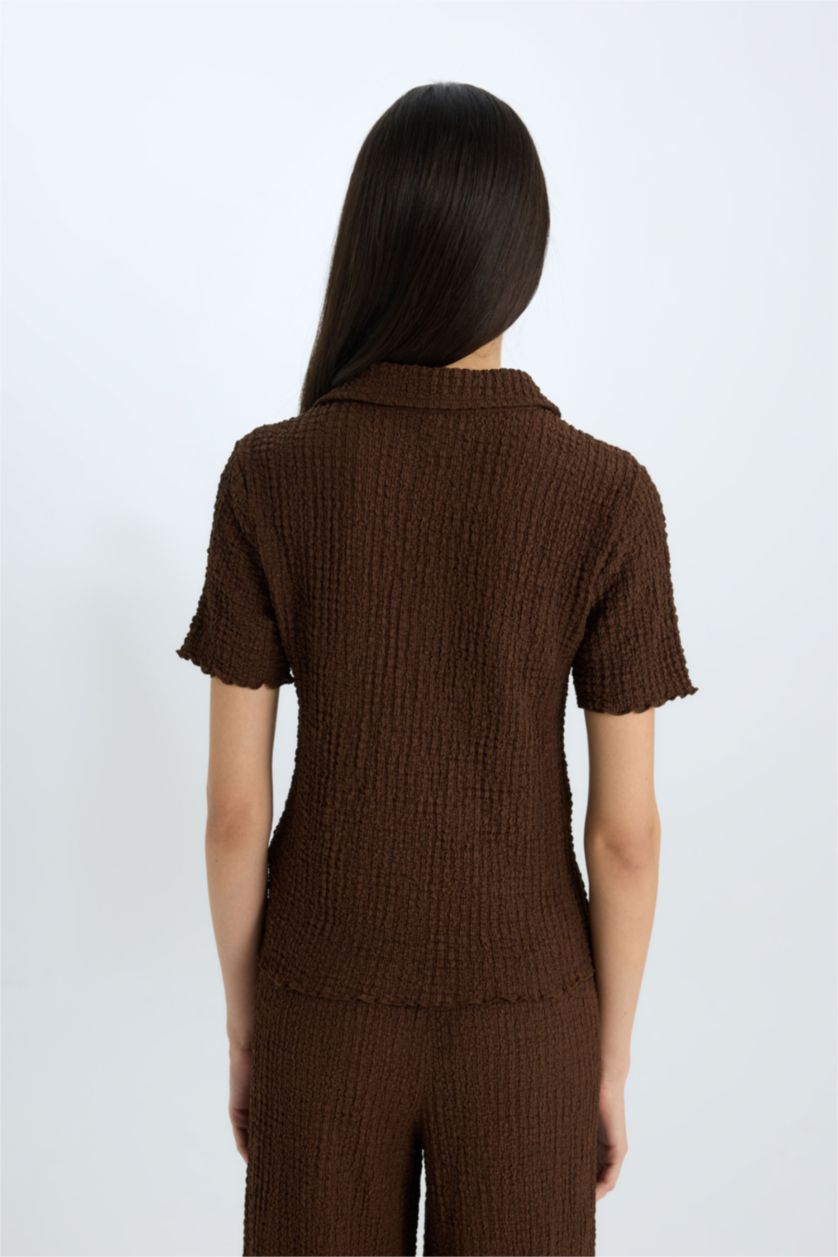 نساء بني تيشيرت بولو نص ردن منسوج سليم فيت