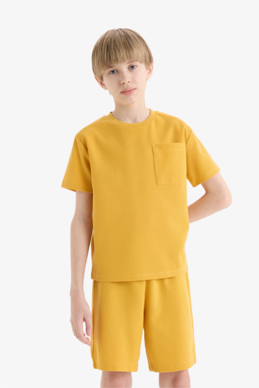 Erkek Çocuk - Genç Erkek Sarı Pijama Takımı Waffle Kısa Kollu Üst Beli Lastikli Şort Erkek Çocuk