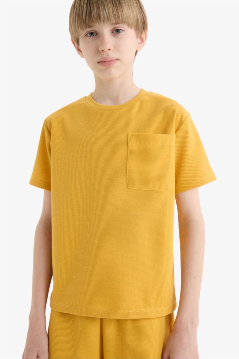 Erkek Çocuk - Genç Erkek Sarı Pijama Takımı Waffle Kısa Kollu Üst Beli Lastikli Şort Erkek Çocuk