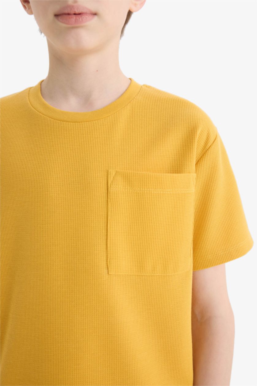 Erkek Çocuk - Genç Erkek Sarı Pijama Takımı Waffle Kısa Kollu Üst Beli Lastikli Şort Erkek Çocuk