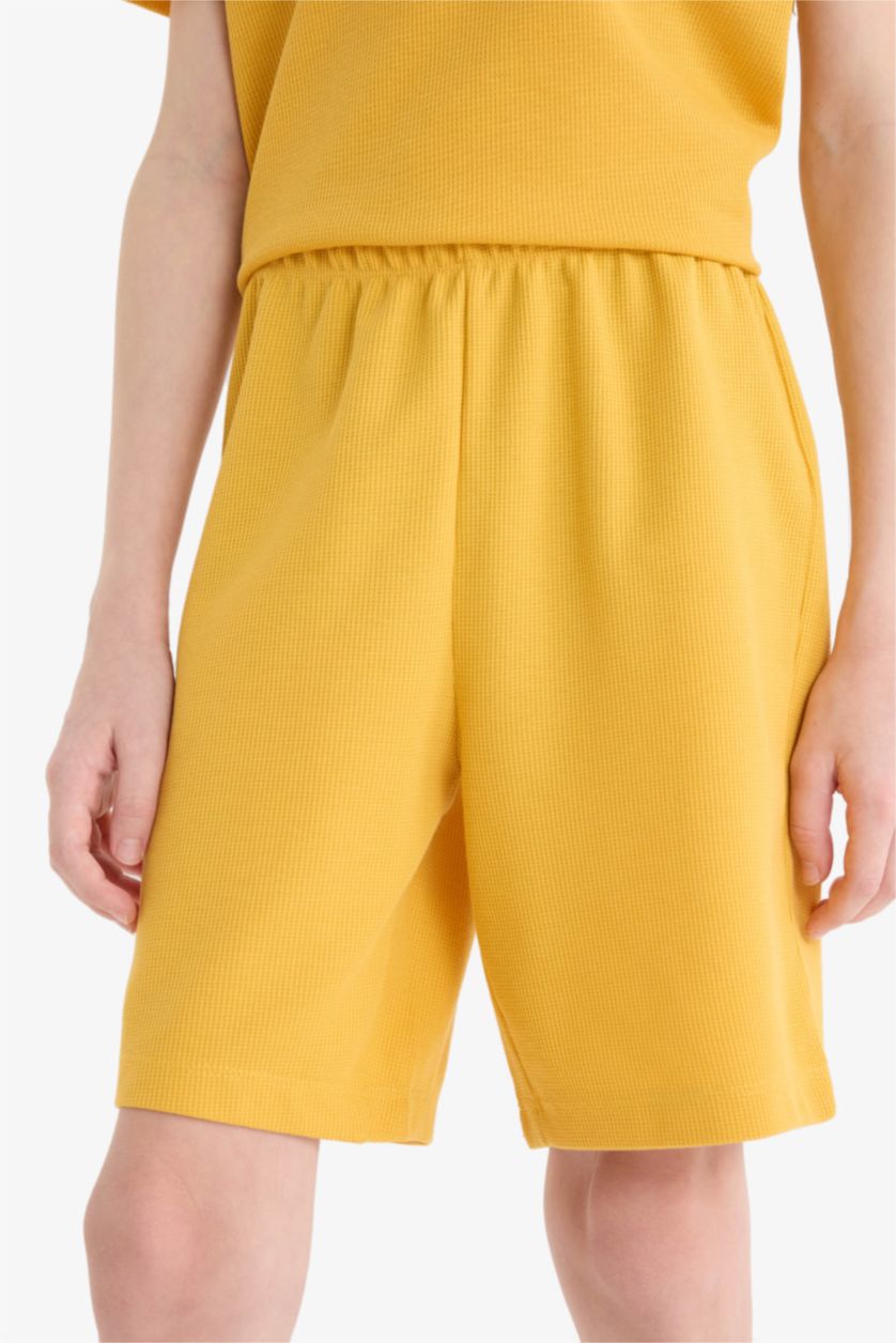 Erkek Çocuk - Genç Erkek Sarı Pijama Takımı Waffle Kısa Kollu Üst Beli Lastikli Şort Erkek Çocuk
