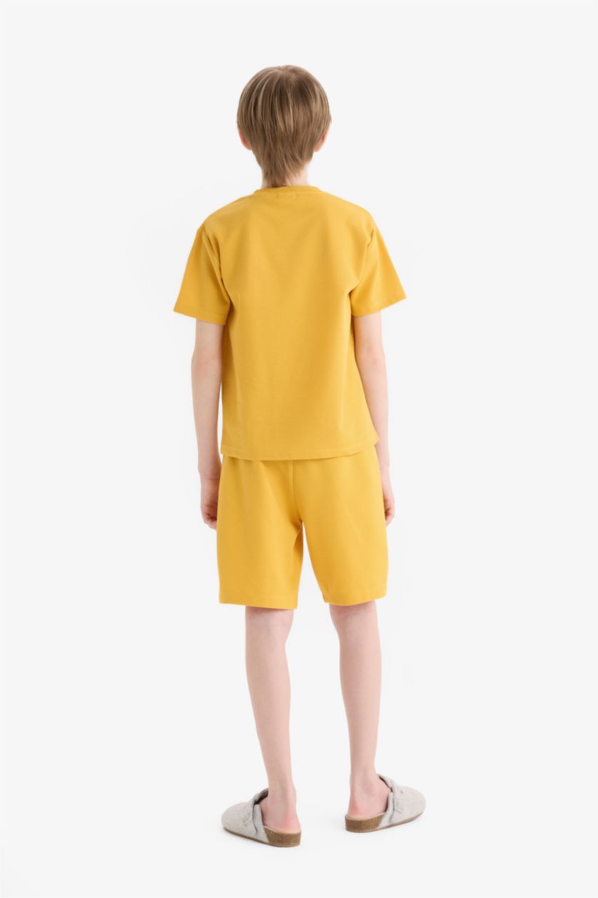 Erkek Çocuk - Genç Erkek Sarı Pijama Takımı Waffle Kısa Kollu Üst Beli Lastikli Şort Erkek Çocuk