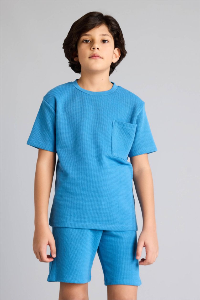 أولاد أزرق غامق سيت بجامة ولادي وافل قصة عادية - قطعتين