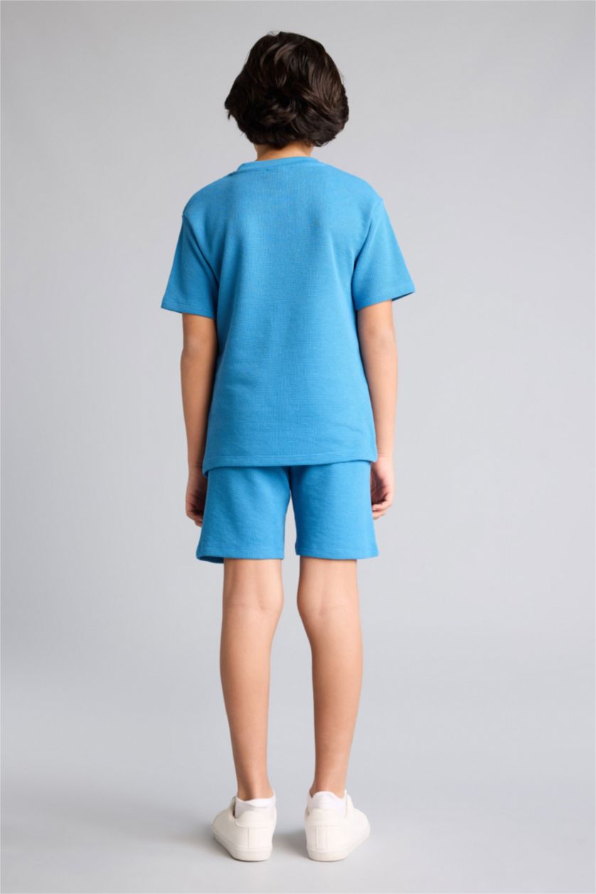 أولاد أزرق غامق سيت بجامة ولادي وافل قصة عادية - قطعتين