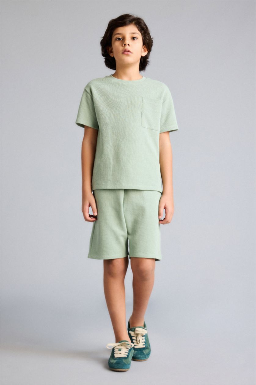 Erkek Çocuk - Genç Erkek Açık Haki Tişört Şort Waffle 2'li Pijama Takımı Erkek Çocuk