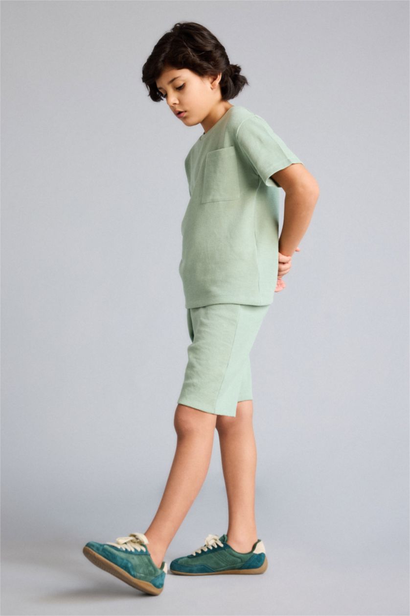 Erkek Çocuk - Genç Erkek Açık Haki Tişört Şort Waffle 2'li Pijama Takımı Erkek Çocuk