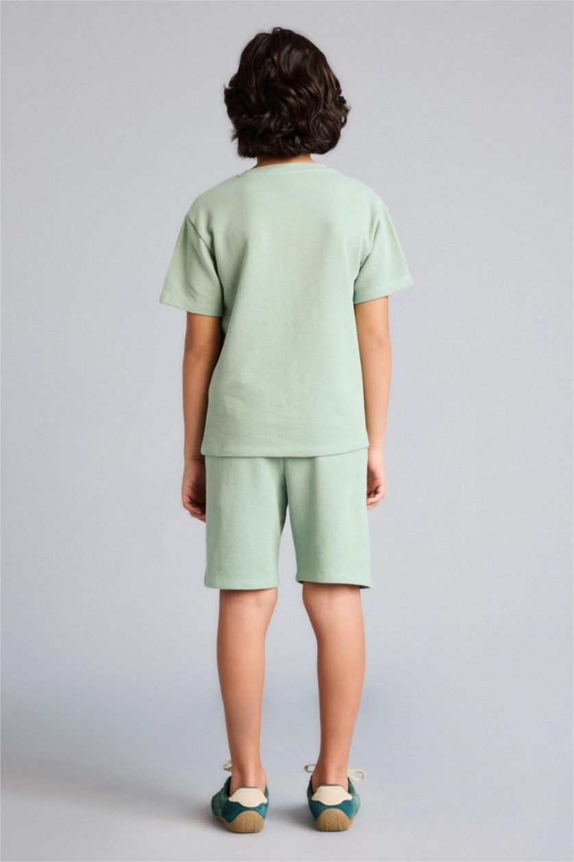 Erkek Çocuk - Genç Erkek Açık Haki Tişört Şort Waffle 2'li Pijama Takımı Erkek Çocuk