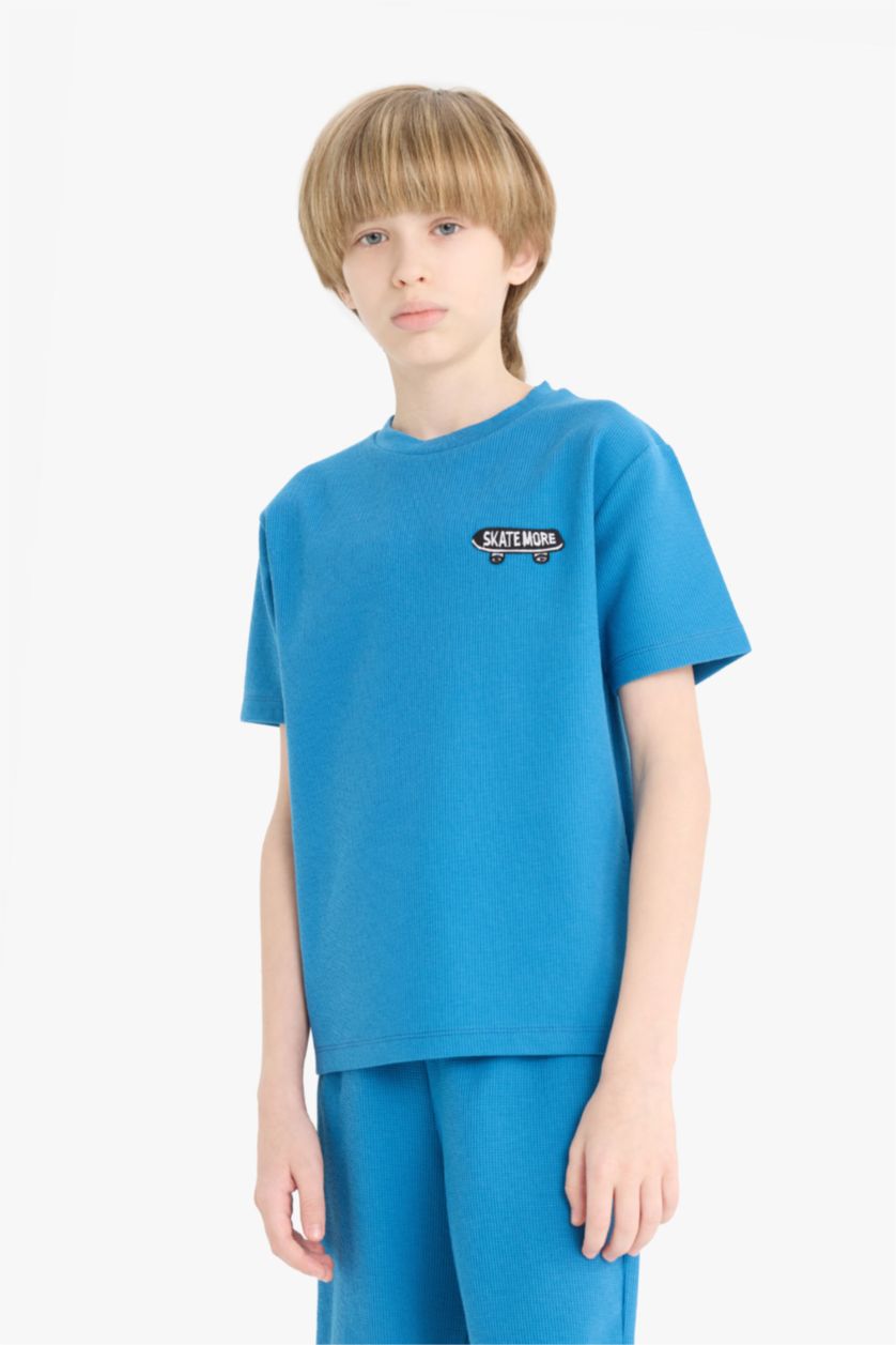 Мальчики и подростки Темно-голубой Детская пижама из вафельной ткани, шорты на резинке и короткие рукава для мальчиков