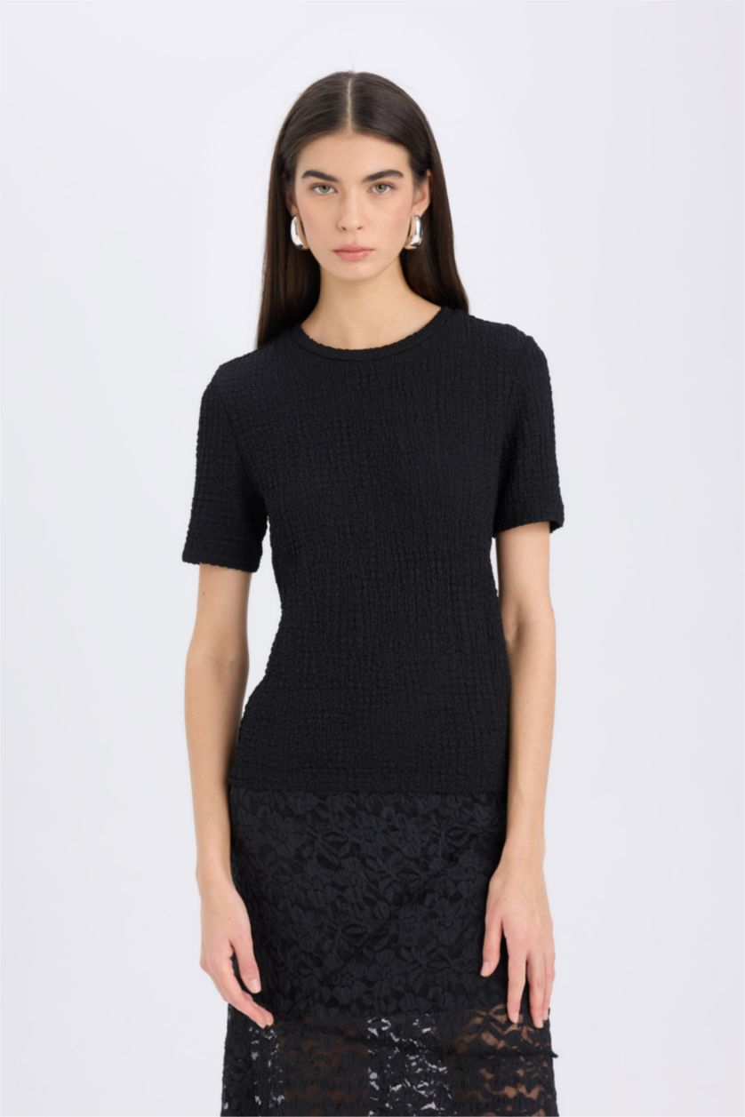 نساء أسود تيشيرت نص ردن منسوج سليم فيت بياخة مستديرة