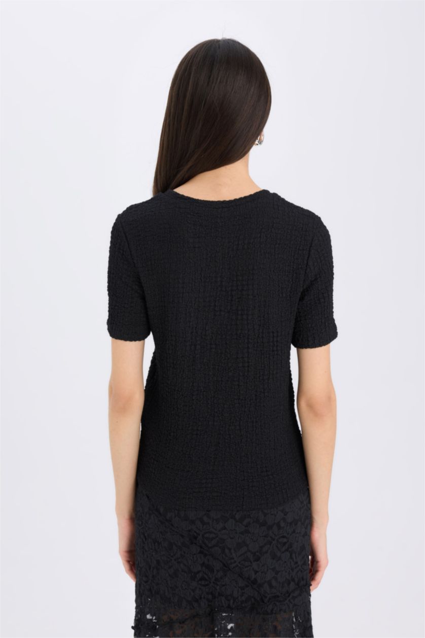 نساء أسود تيشيرت نص ردن منسوج سليم فيت بياخة مستديرة