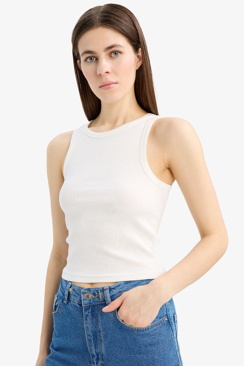 WOMAN Ecru Slim Fit Camisole Crew Neck Tank Top