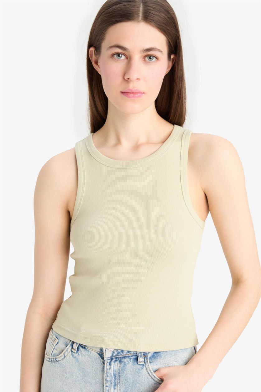 Женщины Светло-зеленый Обтягивающая майка из кашкорсе с круглым вырезом