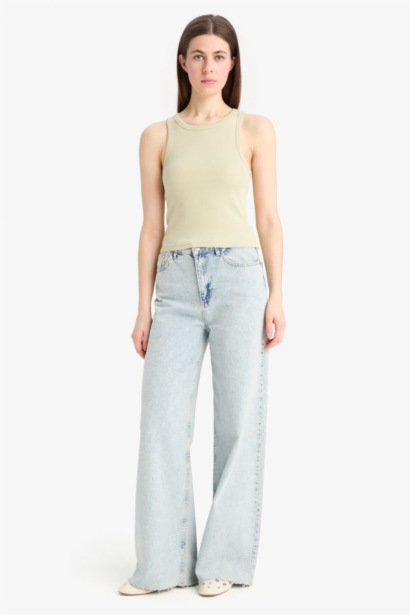 Женщины Светло-зеленый Обтягивающая майка из кашкорсе с круглым вырезом