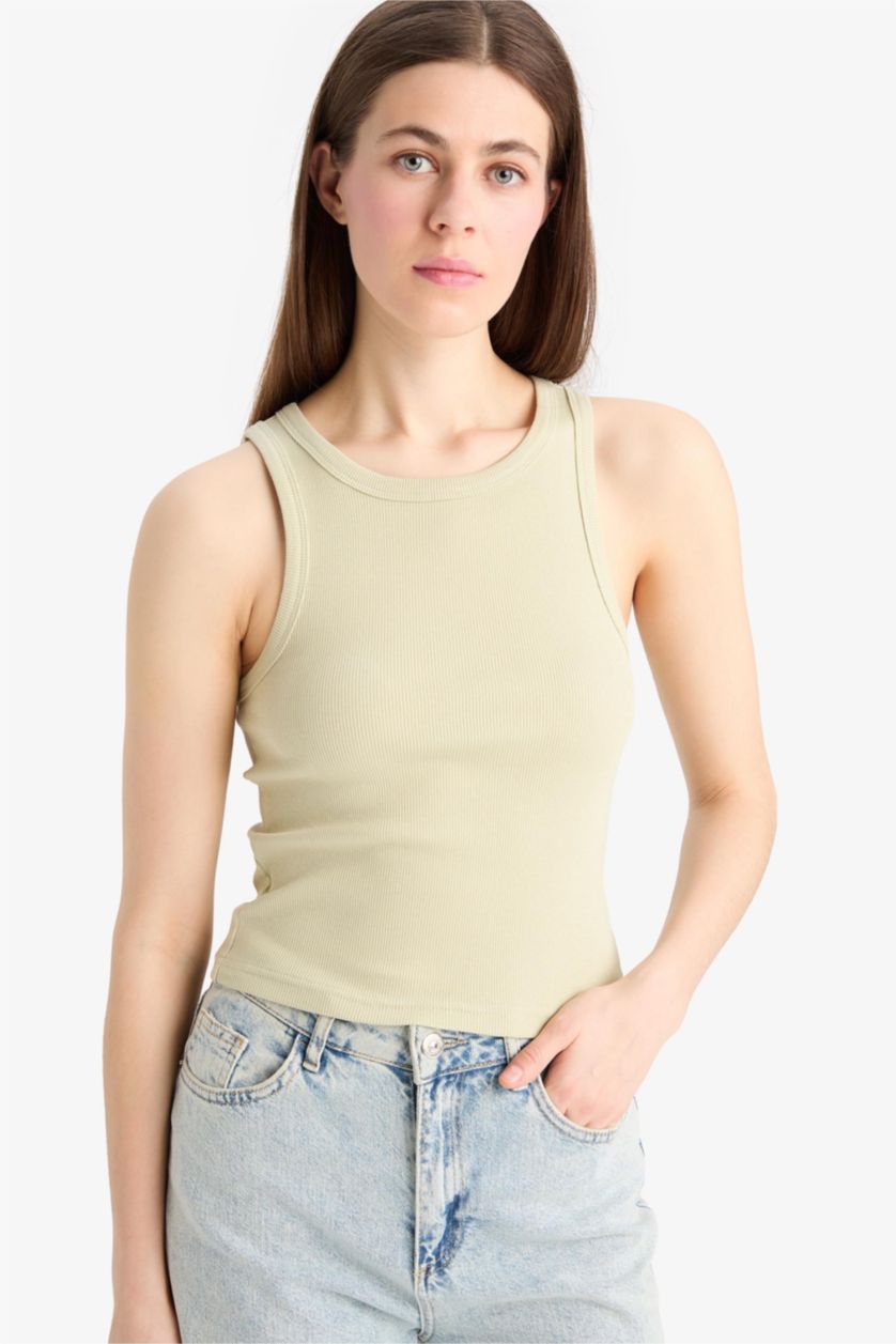 Женщины Светло-зеленый Обтягивающая майка из кашкорсе с круглым вырезом