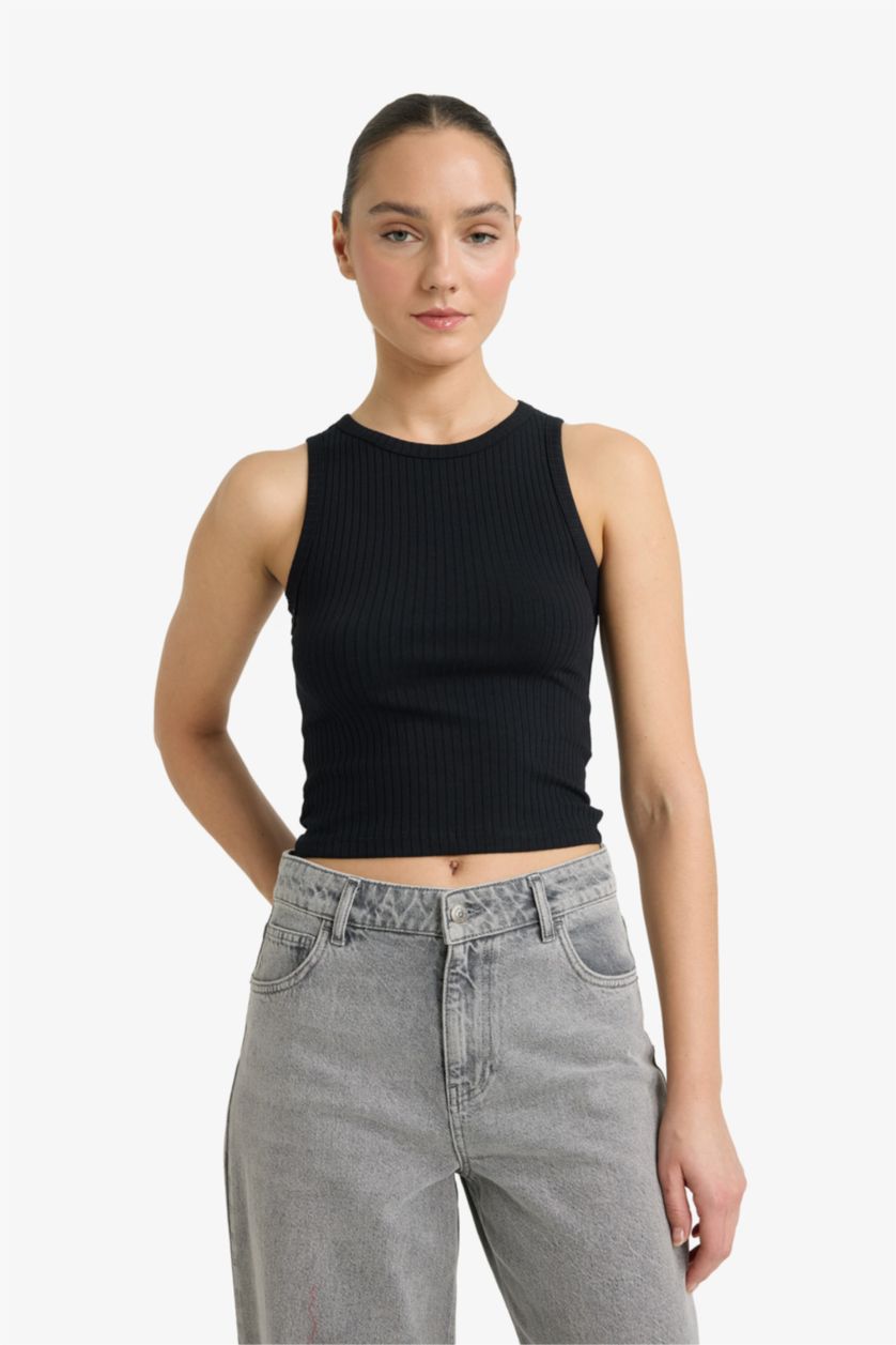 WOMAN Black Slim Fit Camisole Crew Neck Tank Top