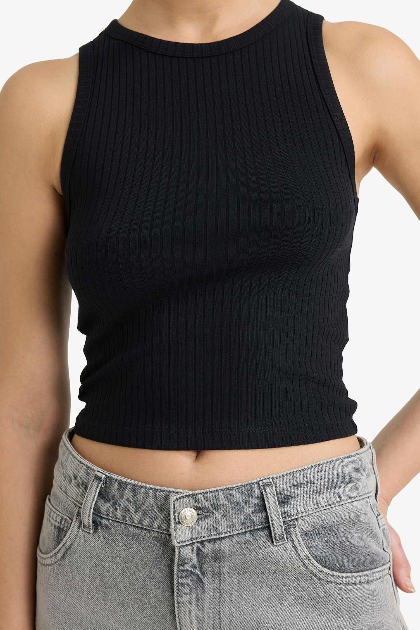 WOMAN Black Slim Fit Camisole Crew Neck Tank Top