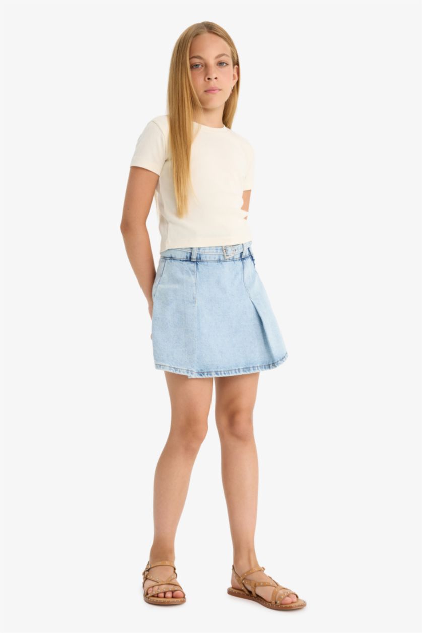 Kız Çocuk - Genç Kız Açık Mavi Pamuklu Jean Şort Etek Kız Çocuk