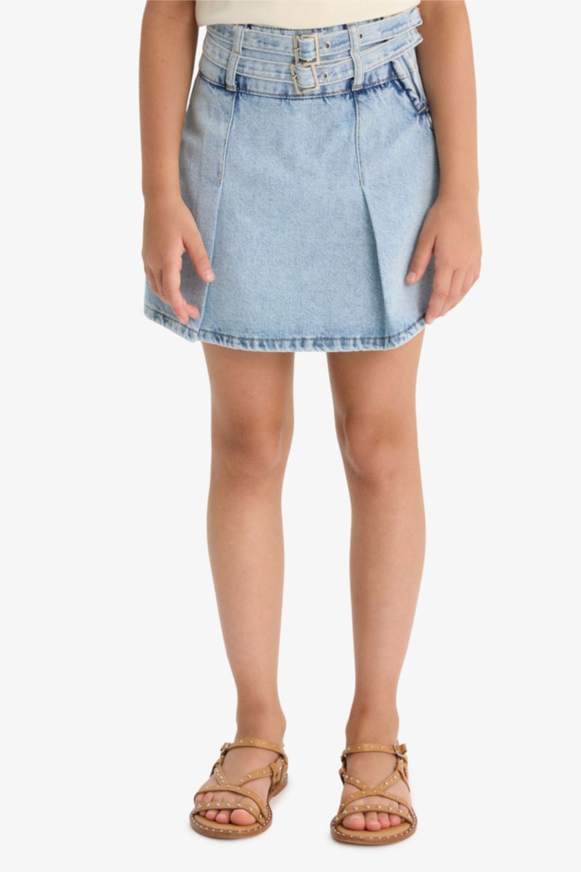 Kız Çocuk - Genç Kız Açık Mavi Pamuklu Jean Şort Etek Kız Çocuk