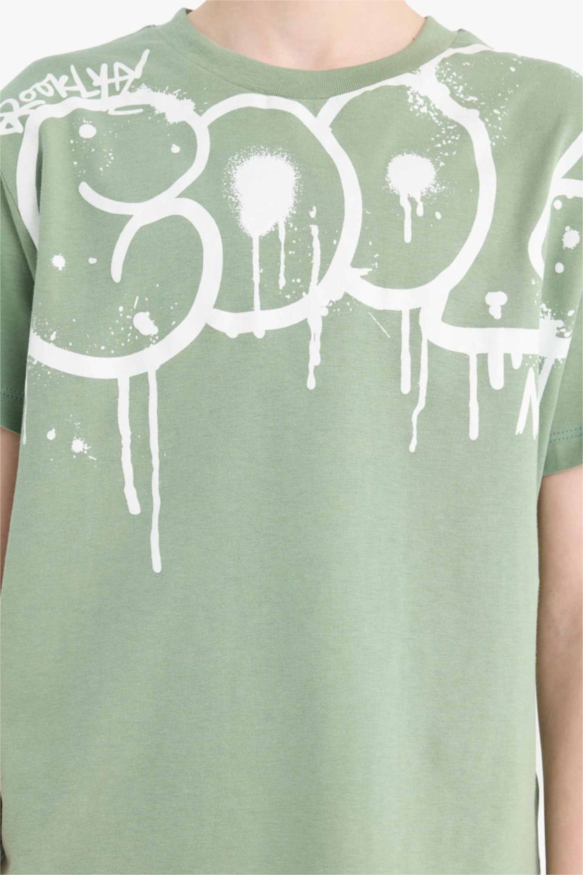 Erkek Çocuk - Genç Erkek Açık Yeşil %100 Pamuklu Regular Fıt Baskılı Beli Lastikli Pijama Takımı Erkek Çocuk