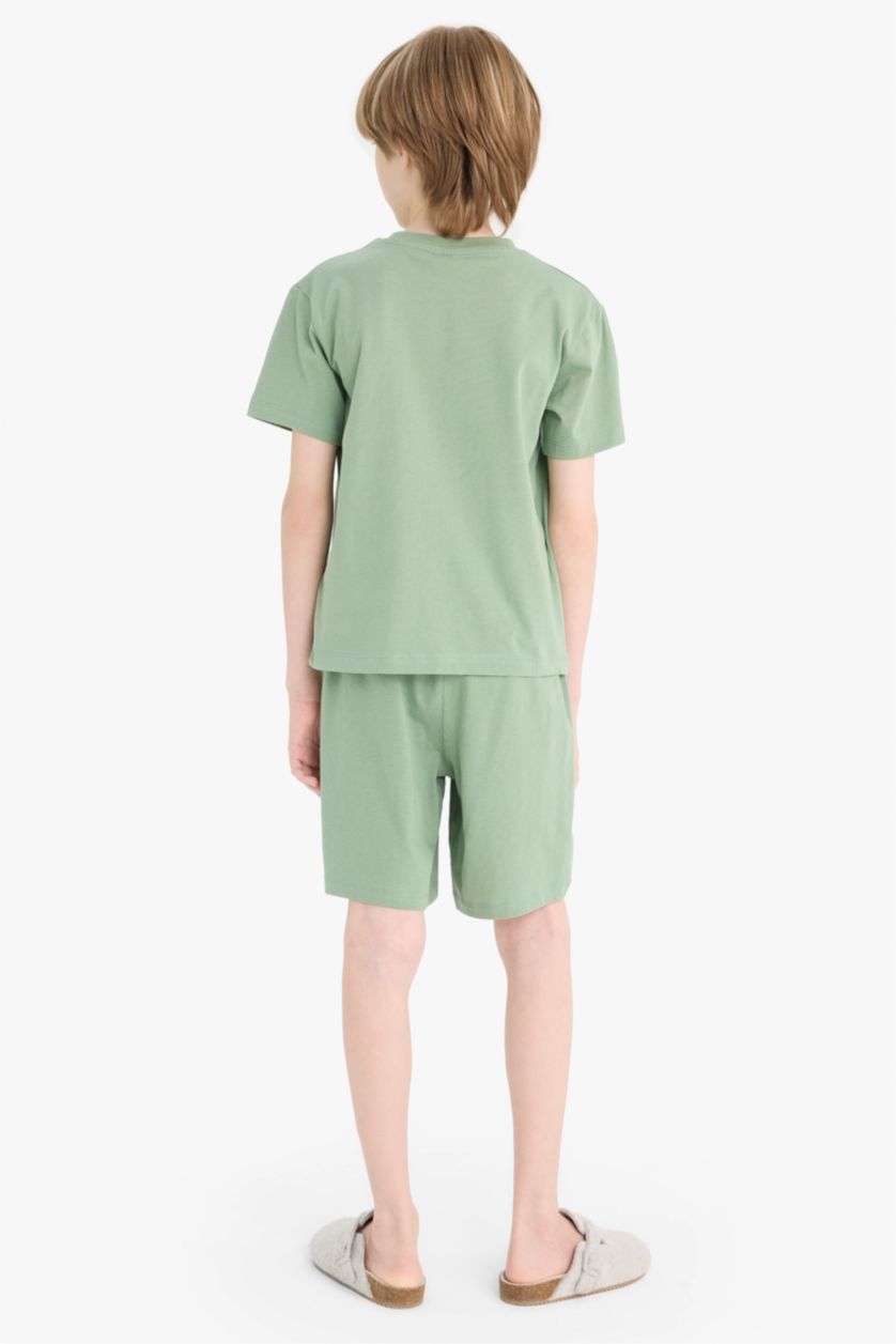 Erkek Çocuk - Genç Erkek Açık Yeşil %100 Pamuklu Regular Fıt Baskılı Beli Lastikli Pijama Takımı Erkek Çocuk