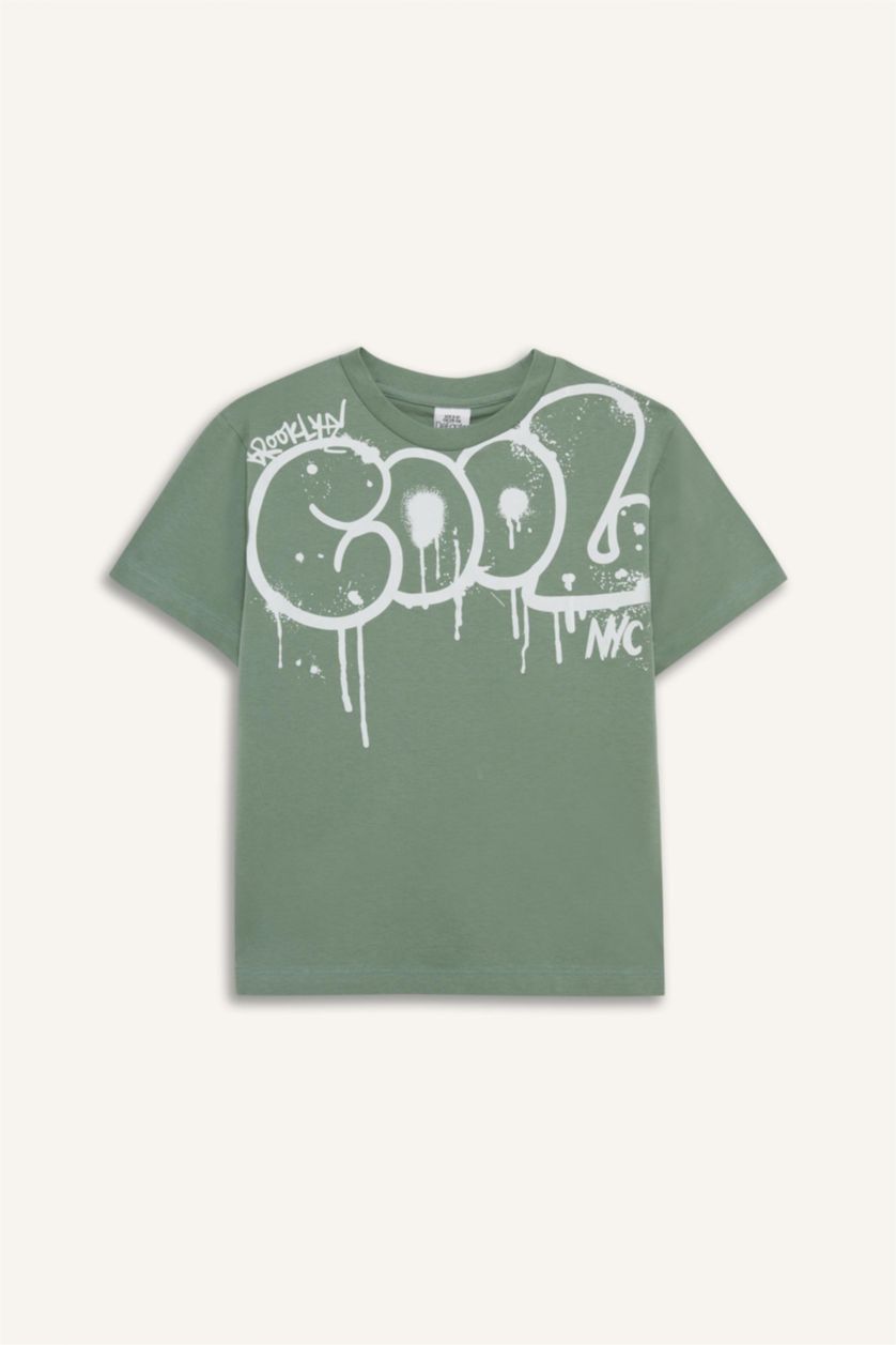 Erkek Çocuk - Genç Erkek Açık Yeşil %100 Pamuklu Regular Fıt Baskılı Beli Lastikli Pijama Takımı Erkek Çocuk