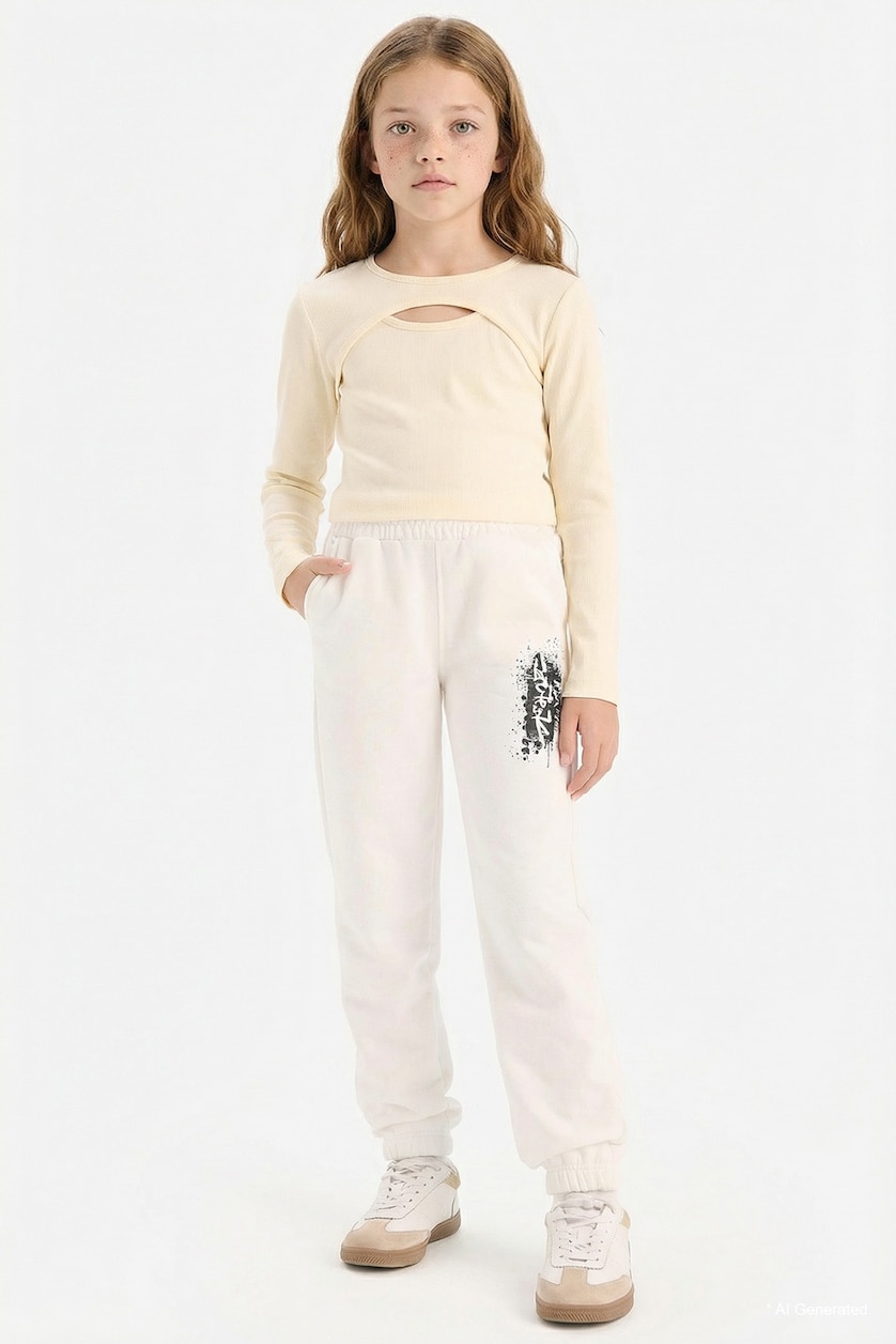 GIRLS & TEENS Ecru Girl Elastic Waist Printed Jogger Sweatpants