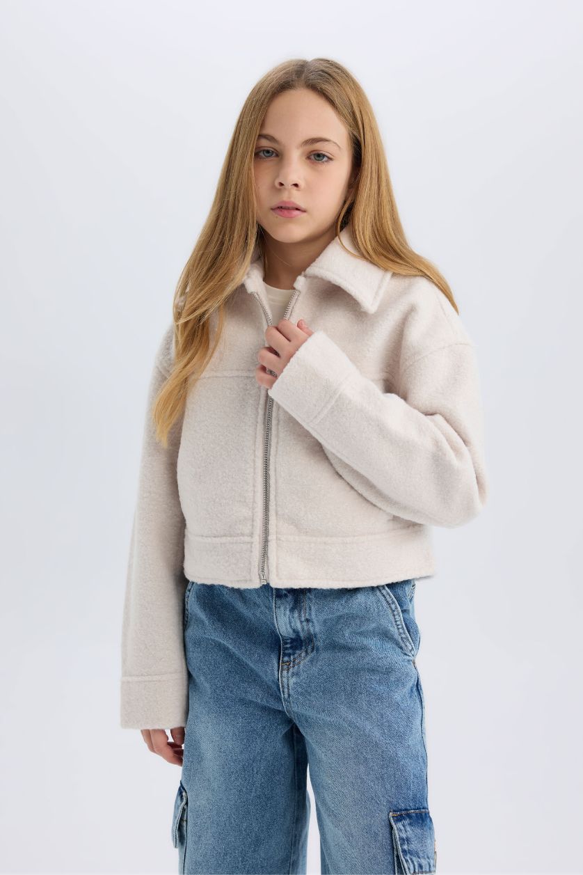 Kız Çocuk - Genç Kız Ekru Polo Yaka Fermuarlı Kısa Kaşe Mont Kız Çocuk