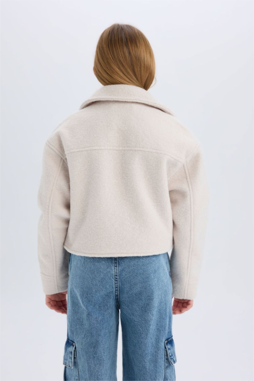 Kız Çocuk - Genç Kız Ekru Polo Yaka Fermuarlı Kısa Kaşe Mont Kız Çocuk