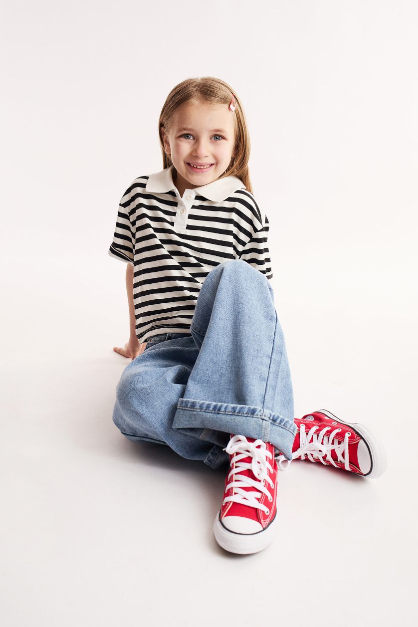 GIRLS & TEENS Black Girl Relax Fit Striped Short Sleeve Polo Shirt