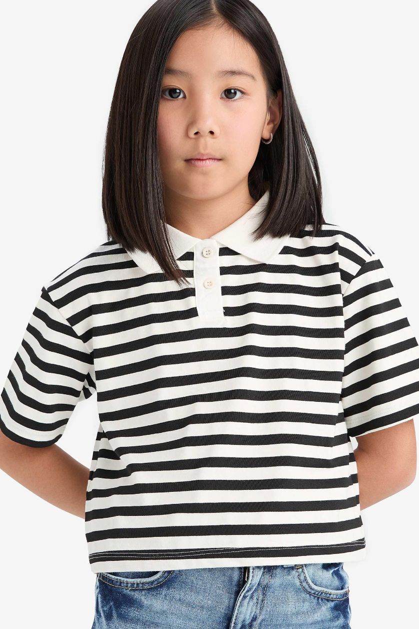 GIRLS & TEENS Black Girl Relax Fit Striped Short Sleeve Polo Shirt
