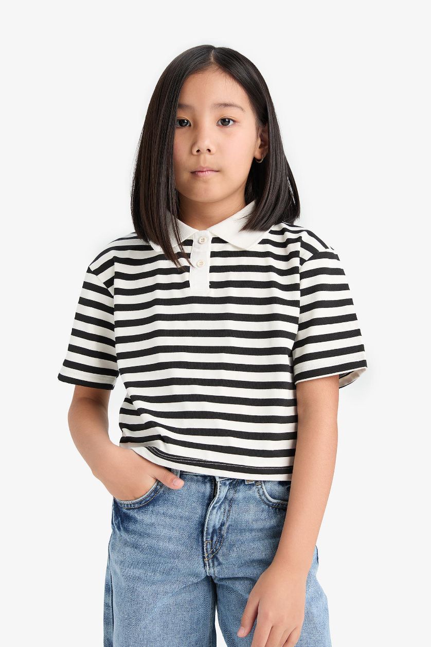 GIRLS & TEENS Black Girl Relax Fit Striped Short Sleeve Polo Shirt