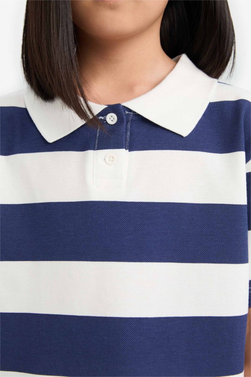 Kız Çocuk - Genç Kız Menekşe Relax Fit Çizgili Kısa Kollu Polo Tişört Kız Çocuk