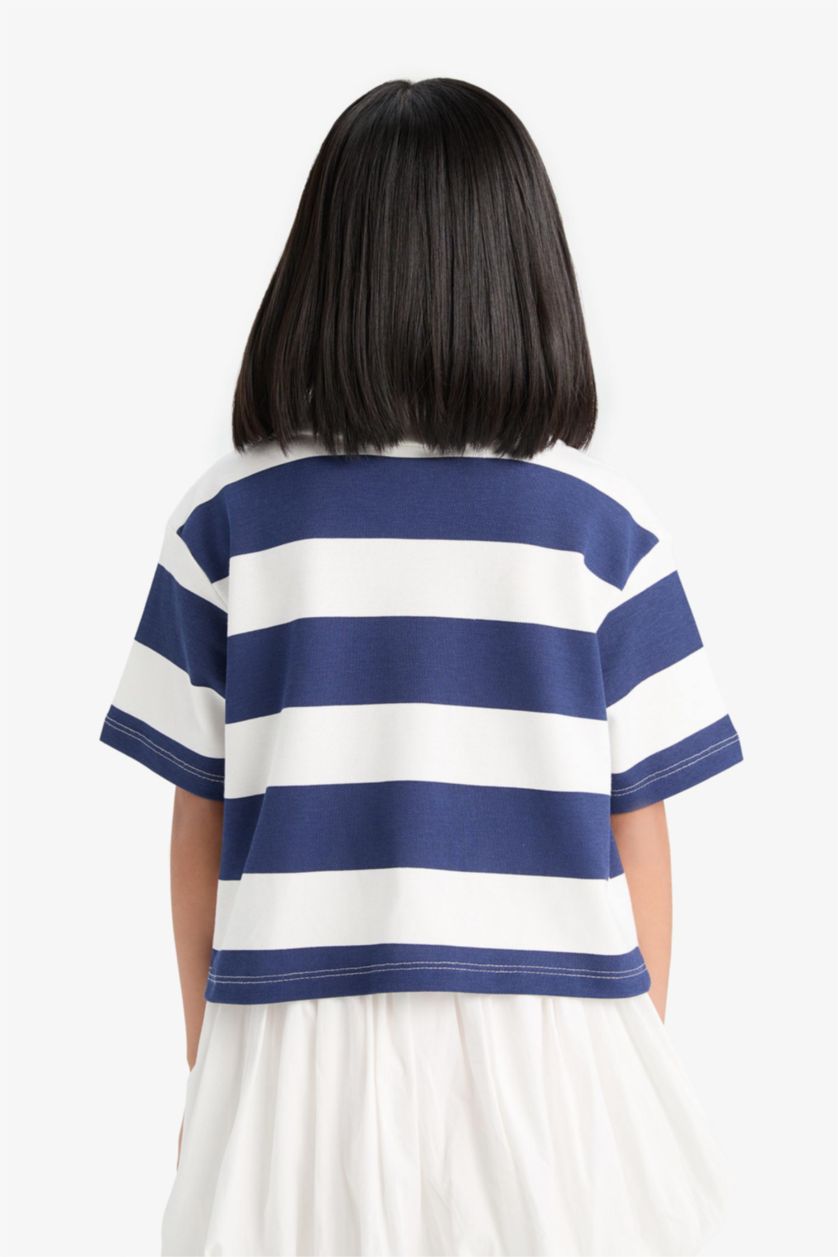 Kız Çocuk - Genç Kız Menekşe Relax Fit Çizgili Kısa Kollu Polo Tişört Kız Çocuk