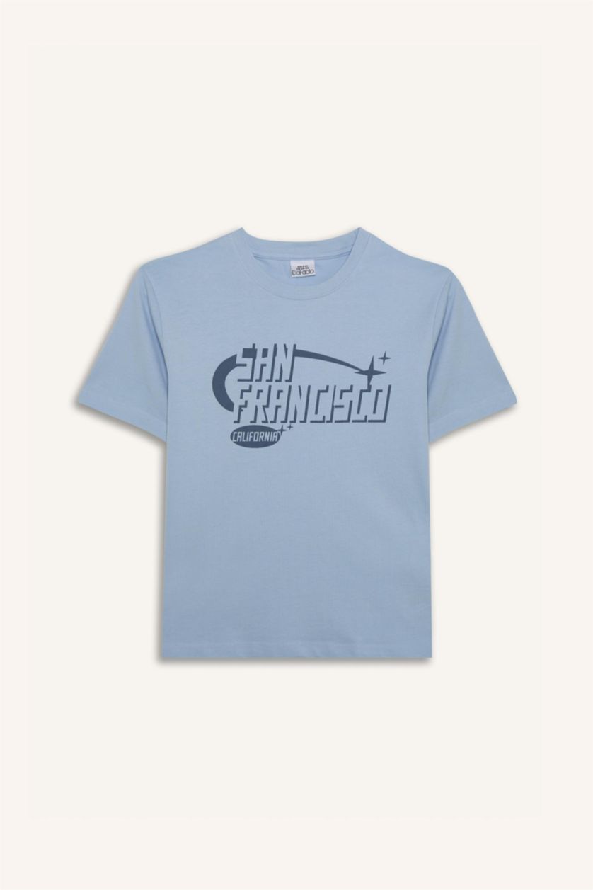 Erkek Çocuk - Genç Erkek Açık Mavi Bisiklet Yaka Baskılı Kısa Kollu Tişört Erkek Çocuk