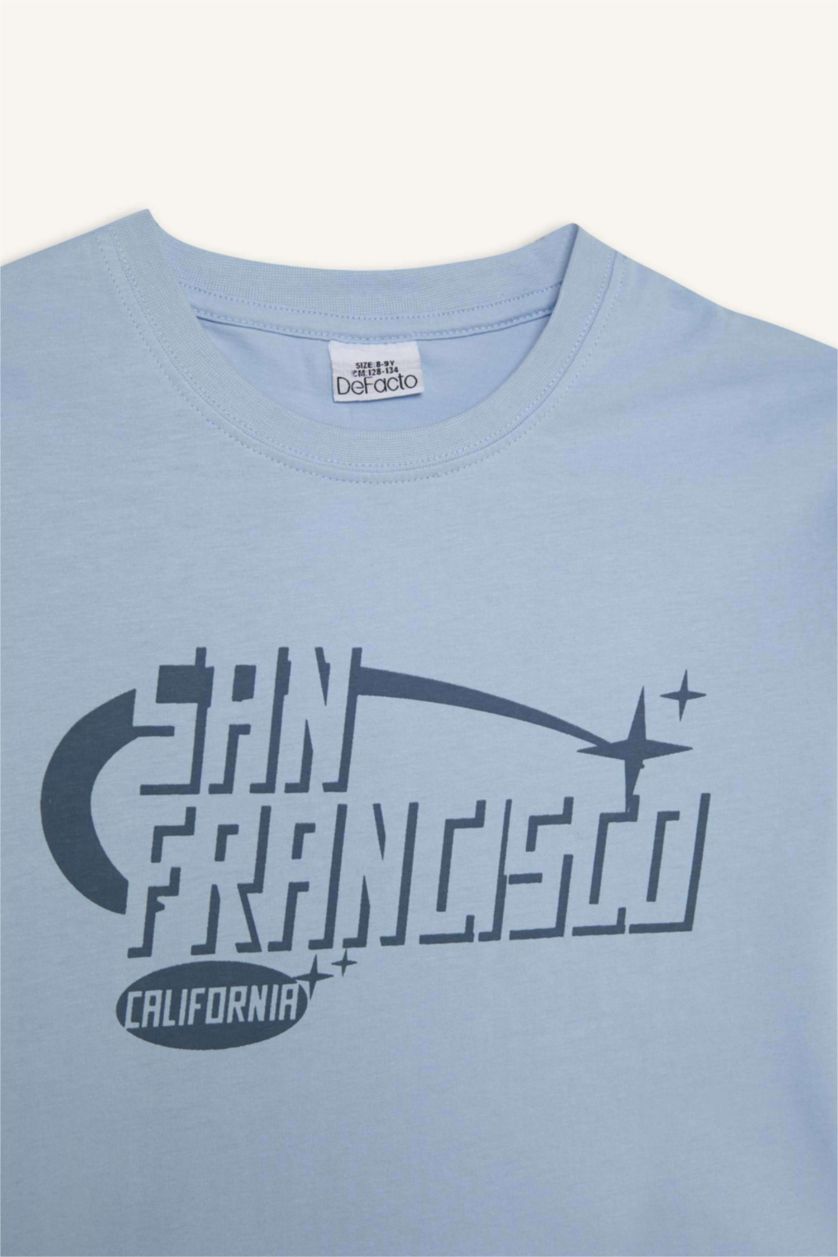 Erkek Çocuk - Genç Erkek Açık Mavi Bisiklet Yaka Baskılı Kısa Kollu Tişört Erkek Çocuk