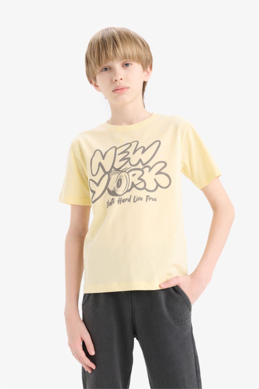 Erkek Çocuk - Genç Erkek Açık Sarı Bisiklet Yaka Baskılı Kısa Kollu Tişört Erkek Çocuk