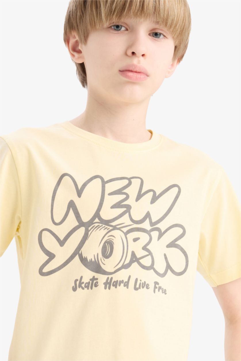 Erkek Çocuk - Genç Erkek Açık Sarı Bisiklet Yaka Baskılı Kısa Kollu Tişört Erkek Çocuk