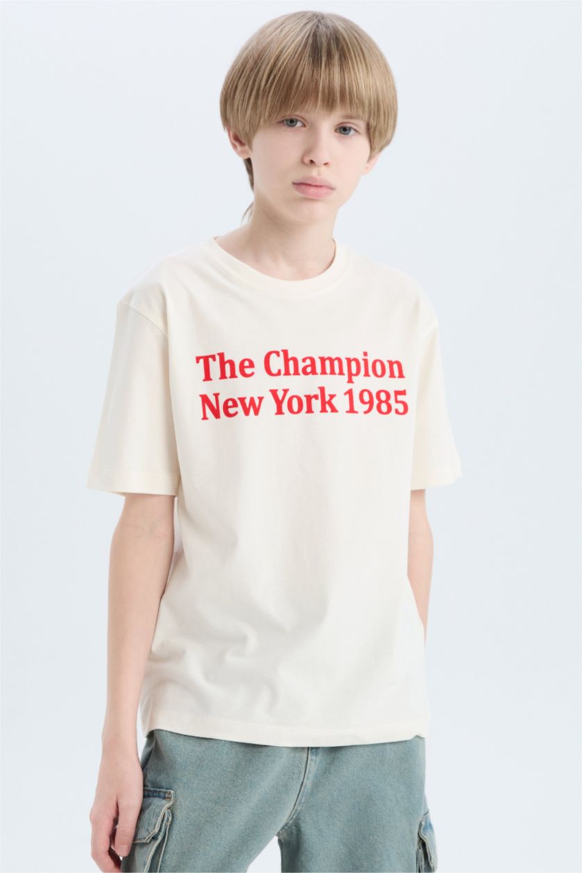 Erkek Çocuk - Genç Erkek Kırık Beyaz Bisiklet Yaka Baskılı Kısa Kollu Tişört Erkek Çocuk