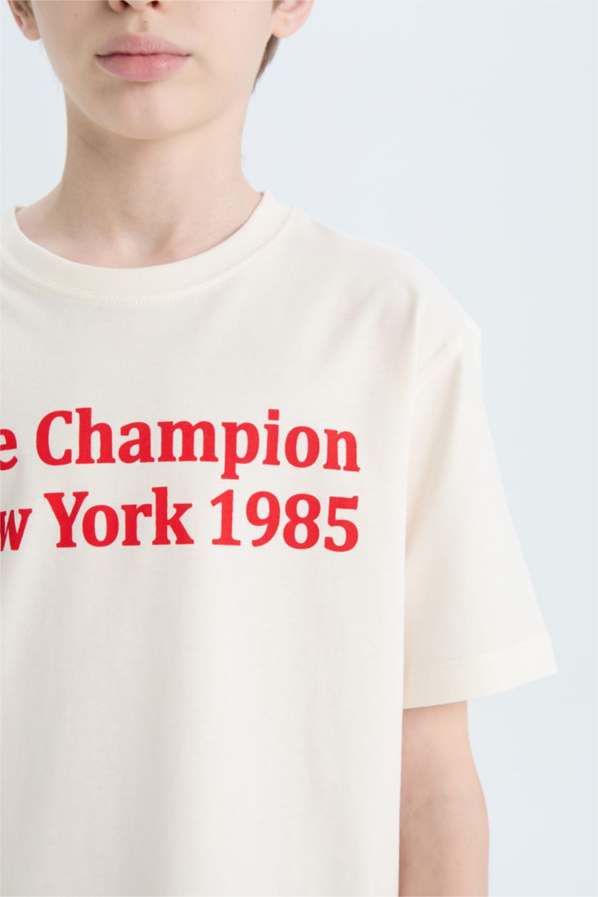 Erkek Çocuk - Genç Erkek Kırık Beyaz Bisiklet Yaka Baskılı Kısa Kollu Tişört Erkek Çocuk