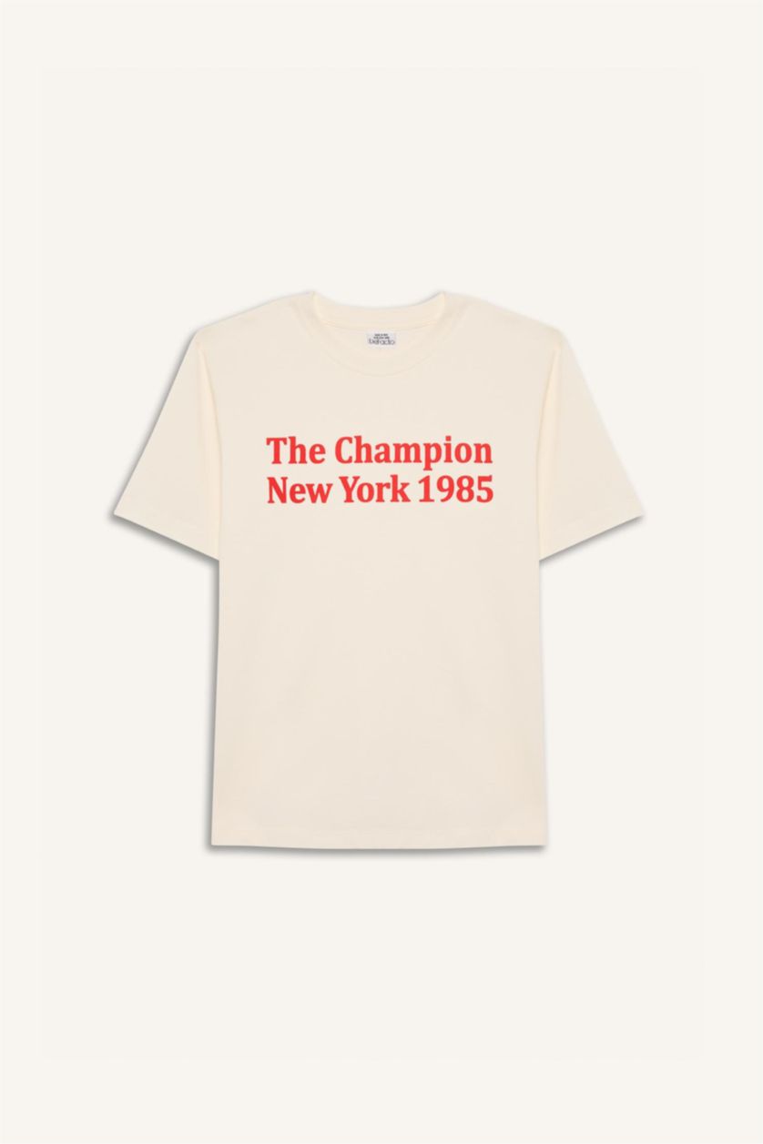 Erkek Çocuk - Genç Erkek Kırık Beyaz Bisiklet Yaka Baskılı Kısa Kollu Tişört Erkek Çocuk