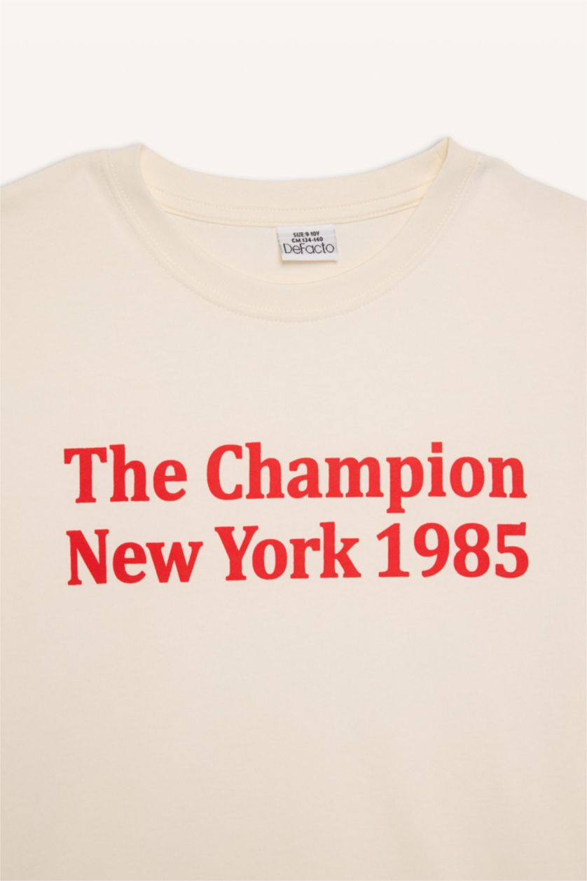 Erkek Çocuk - Genç Erkek Kırık Beyaz Bisiklet Yaka Baskılı Kısa Kollu Tişört Erkek Çocuk