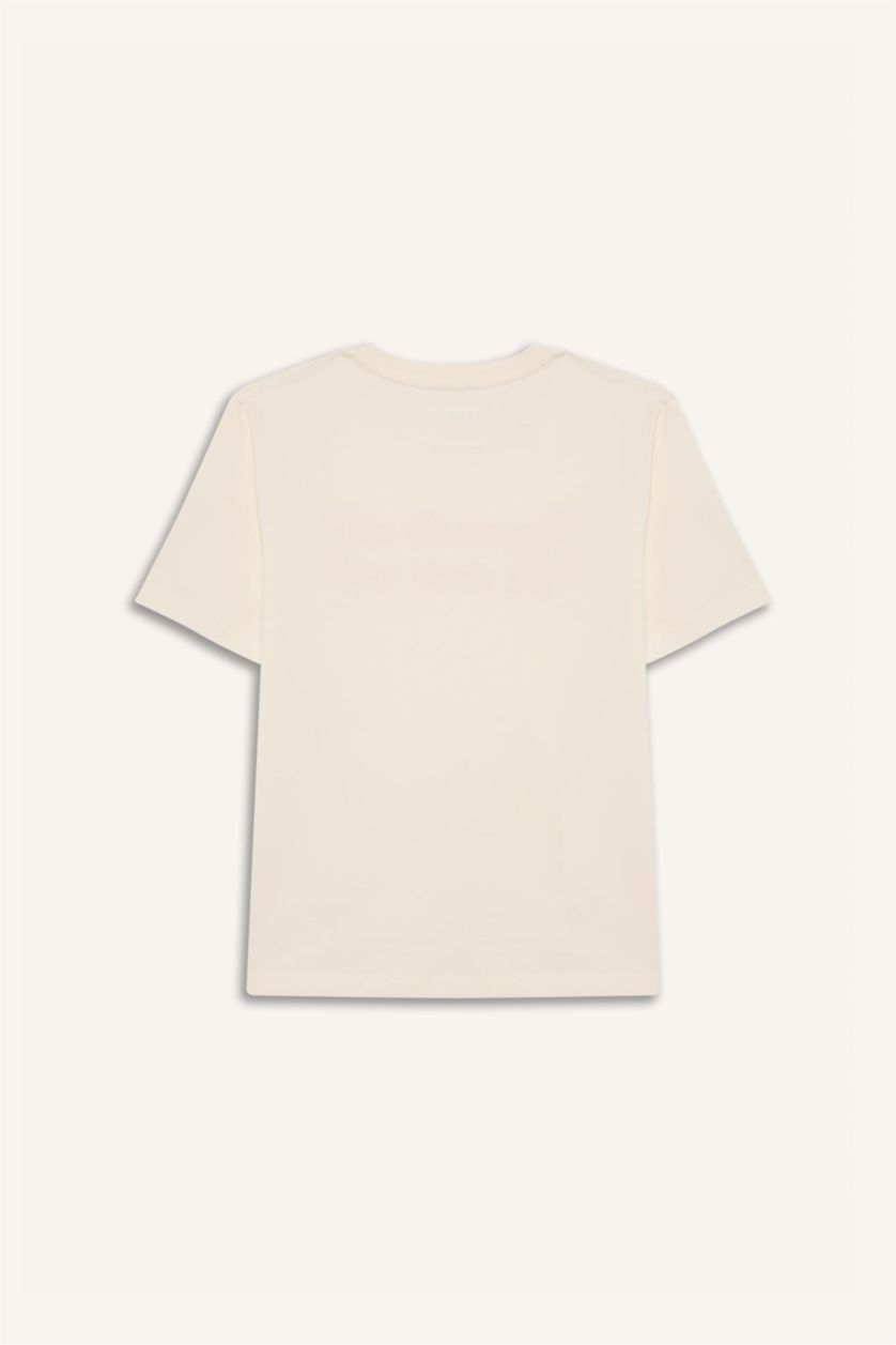 Erkek Çocuk - Genç Erkek Kırık Beyaz Bisiklet Yaka Baskılı Kısa Kollu Tişört Erkek Çocuk