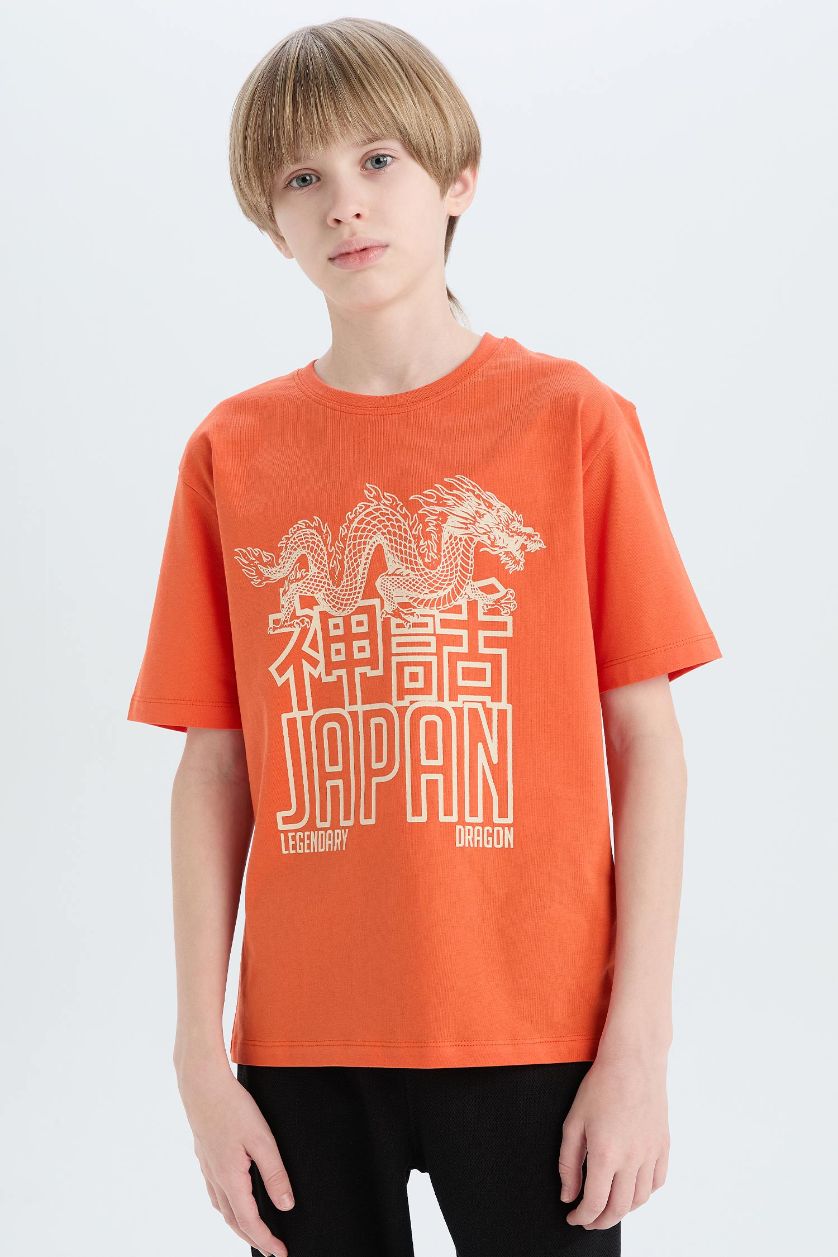 Erkek Çocuk - Genç Erkek Turuncu Bisiklet Yaka Baskılı Kısa Kollu Tişört Erkek Çocuk