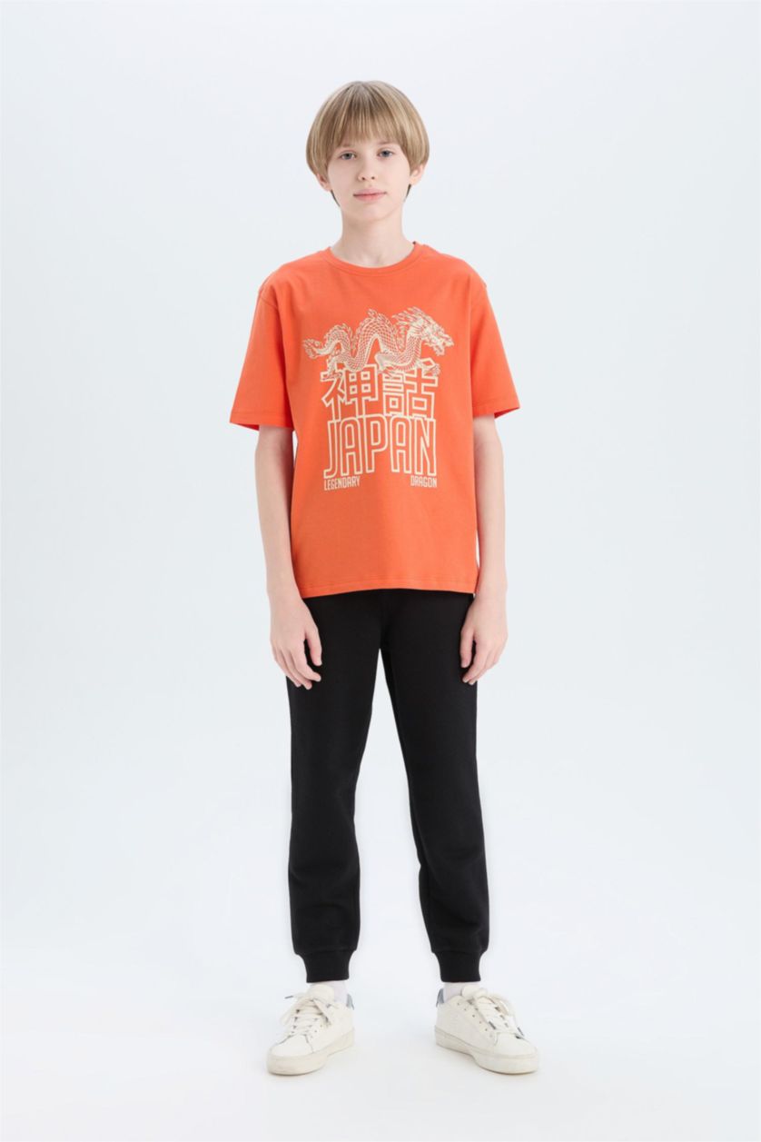 Erkek Çocuk - Genç Erkek Turuncu Bisiklet Yaka Baskılı Kısa Kollu Tişört Erkek Çocuk