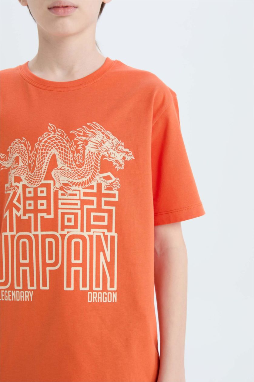 Erkek Çocuk - Genç Erkek Turuncu Bisiklet Yaka Baskılı Kısa Kollu Tişört Erkek Çocuk