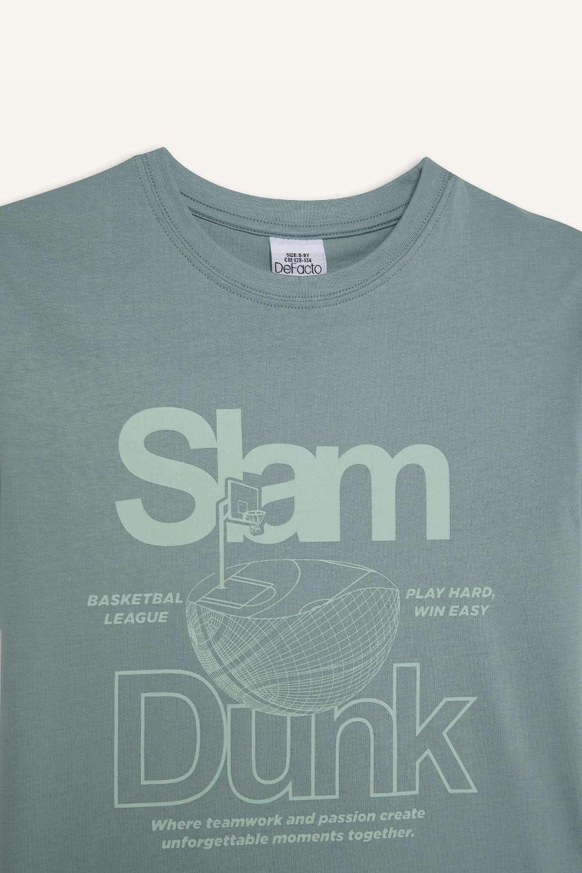 Erkek Çocuk - Genç Erkek Mat Mavi Bisiklet Yaka Baskılı Kısa Kollu Tişört Erkek Çocuk